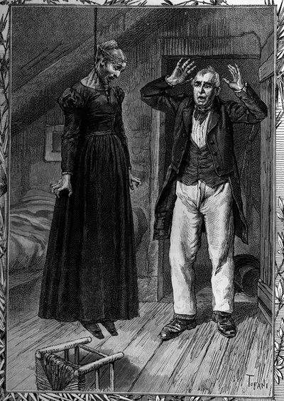 Entehrt durch Armut, eine Frau begeht Selbstmord in ihrem Zimmer, zur großen Schande ihrer Nachbarin. Gravur im berühmten Journal „La jeunesse“ von French School