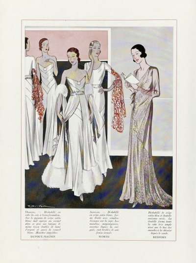 Entwurf für Abendkleider von Depouy-Magnin, Worth und Redfern, aus Art, Gout, Beaute, veröffentlicht 1931 von French School