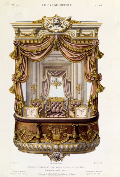 Entwurf für das Innere und Äußere einer Theaterloge, Illustration aus der Zeitschrift Le Garde-Meuble, ca. 1860 von French School
