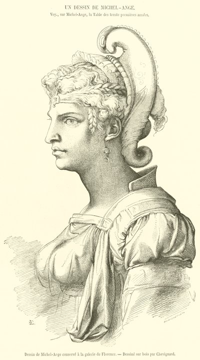 Zeichnung von Michelangelo in der Galerie von Florenz (Gravur) von French School