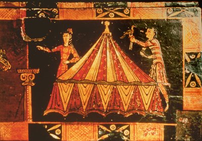 Detail von einer Hochzeitstruhe, die zwei Figuren bei einem Zelt zeigt (Detail) von French School