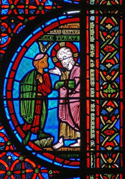 Detail eines Fensters, das das Gleichnis von Lazarus und Dives darstellt: der reiche Mann mit Christus (Detail) von French School