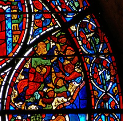 Detail eines Fensters, das das Gleichnis vom barmherzigen Samariter darstellt: Gott erschafft die Engel (Detail) von French School