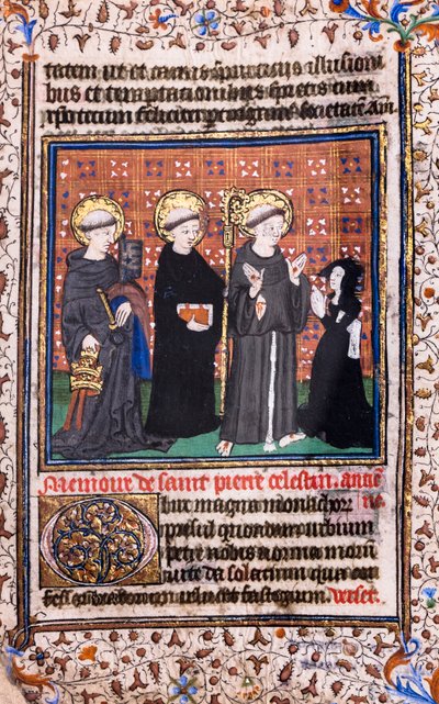 Gläubiger im Gebet vor dem Heiligen Pierre Célestin, dem Heiligen Benedikt und dem Heiligen Franziskus von French School