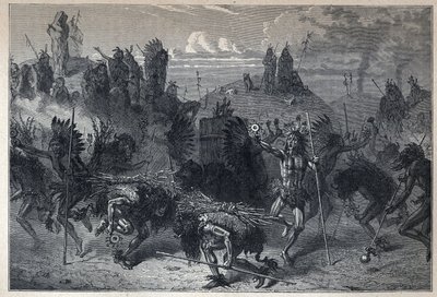 Entdeckung Kanadas: Der Tanz der Bisons in den Mondanes. Gravur aus dem späten 19. Jahrhundert in „La nouvelle France“ von Eugene Guenin. von French School