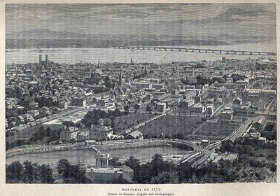 Entdeckung Kanadas: Blick auf die Stadt Montreal im Jahr 1875. Zeichnung von Benoist nach einer Fotografie. Gravur aus dem späten 19. Jahrhundert in "La nouvelle France" von Eugene Guenin. von French School