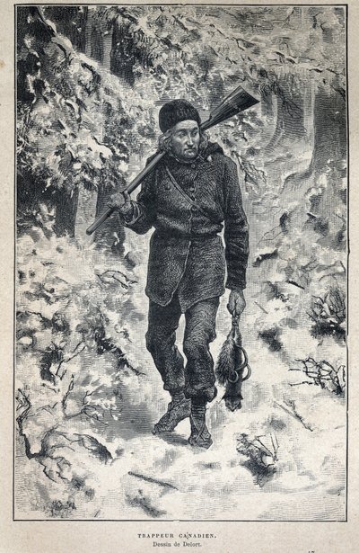Entdeckung Kanadas: Porträt eines kanadischen Fallenstellers im Wald. In „La nouvelle France“ von Eugene Guenin von French School