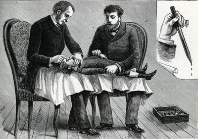 Ärzte untersuchen die Augen eines Kindes und verabreichen Augentropfen (Gravur) 1888 von French School
