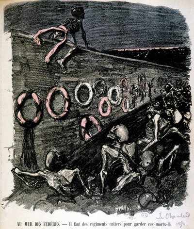 Dokument zu den Märtyrern der Kommune, die entlang der Mur des Fédérés auf dem Friedhof Père Lachaise erschossen wurden: „An der Wand der Föderierten. Es braucht ganze Regimenter, um diese Toten dort zu halten“ von French School