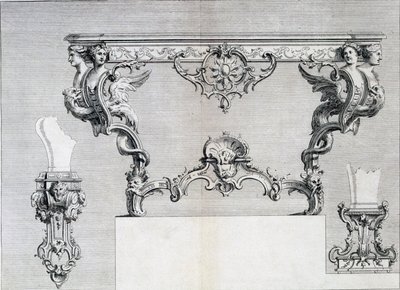 Doppelarmiger Kerzenhalter mit Rokoko- und klassischen Elementen, aus einem Musterbuch für neoklassizistische Metallarbeiten zusammengestellt von Duhamel, ca. 1770er-80er Jahre von French School