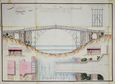 Zeichnungen und Querschnitt der Eisenbrücke, die 1779 in Coalbrookdale, Shropshire, England, gebaut wurde, 1784 von French School