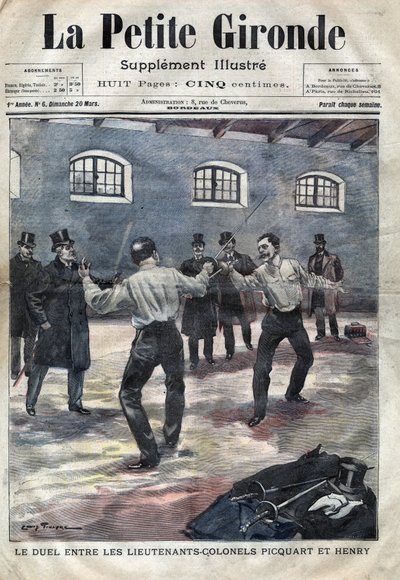 Dreyfus-Affäre: Das Duell zwischen den Oberstleutnants Georges Picquart (1854-1914) und Hubert Henry (1846-1898) in der Militärschule in Paris. Titelblatt von „La petite Gironde“ vom März 1898. von French School