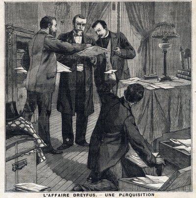 Dreyfus-Affäre: Drei Zivilbeamte und ein Polizeikommissar durchsuchen das Haus von Georges Picquart (1854-1914). In „Le Petit Parisien“ am 05.12.1897. Private Sammlung von French School