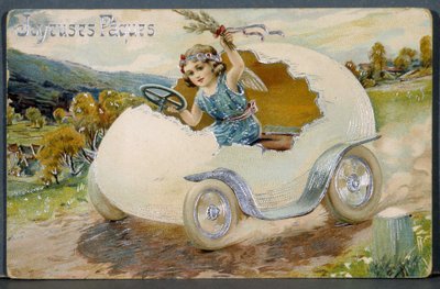 Ostergrußkarte mit einem kleinen Engel, der auf einer Eierschale sitzt, die in ein Auto verwandelt wurde von French School