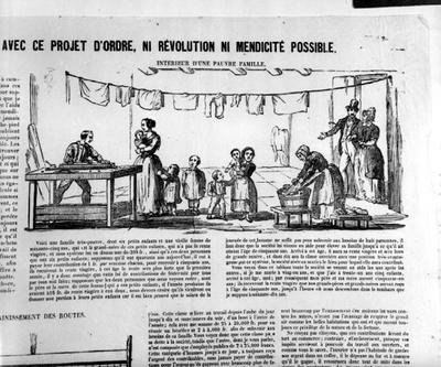 Wahlplakat, das das Innere einer armen Familie darstellt von French School