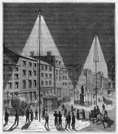 Elektrische Beleuchtung der Stadt Norwich in England im 19. Jahrhundert - Gravur in „Sciences à la portée de tous - Physique et chimie populaires“ von Alexis Clerc - Spätes 19. Jahrhundert von French School