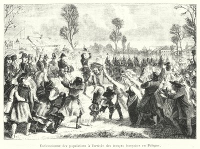 Begeisterung der Bevölkerung bei der Ankunft der französischen Truppen in Polen (Gravur) von French School