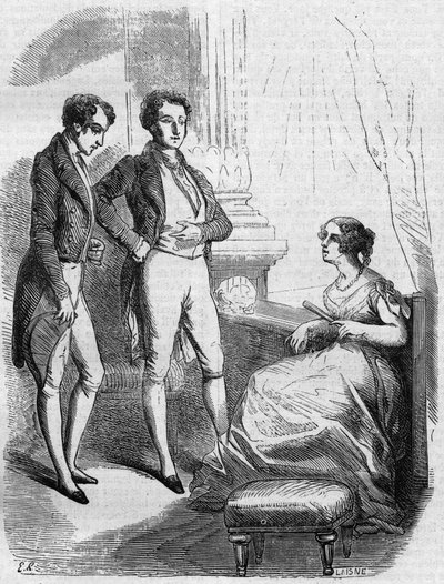 Eugène de Rastignac wird Madame de Nucingen vom Marquis von Adjuda vorgestellt. Gravur Mitte des 19. Jahrhunderts. Illustration für „Vater Goriot“ von Honoré de Balzac (1799-1850) von French School