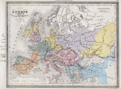 Europa nach der Invasion der Barbaren im 6. Jahrhundert - Tafel aus „Universal Atlas of Ancient and Modern Geography for the Use of Residential Schools“ von Vuillemin - ca. 1845 von French School