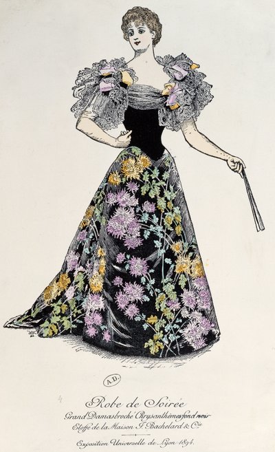 Abendkleid in Damast mit Chrysanthemenbrokat auf schwarzem Hintergrund, 1894 von French School