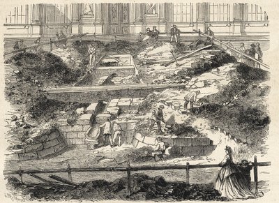 Ausgrabungen im Cour Carrée du Louvre - Entdeckung der Fundamente des ehemaligen Turms von Philippe Auguste - Ausgrabungen im Hof des Louvre - Freilegung der Fundamente des ehemaligen Turms Philippe-Auguste - Gravur in „Le monde illustré“ von French School