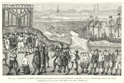 Hinrichtung des berühmten deutschen Piraten Stoerteneck und seiner siebzig Komplizen, 1402 in Hamburg; nach einem populären Bild aus dem späten 16. Jahrhundert, Bibliothek der Stadt Hamburg (Gravur) von French School