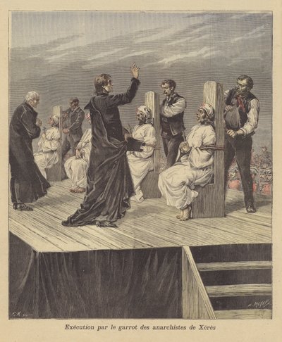 Hinrichtung von Anarchisten durch Garrottieren in Jerez, Spanien von French School