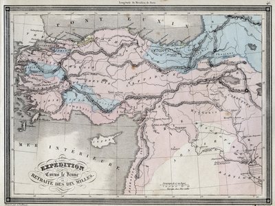 Expedition des Kyros des Jüngeren (5. Jahrhundert v. Chr.) und Rückzug der Zehntausend - Tafel aus dem „Universalatlas der alten und modernen Geographie für Internatsschulen“ von Vuillemin - ca. 1845. von French School