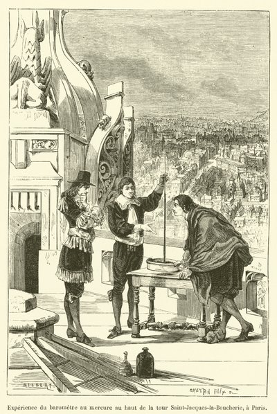 Barometerexperiment mit Quecksilber auf dem Turm Saint-Jacques-la-Boucherie in Paris von French School