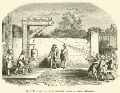 Experiment mit dem Glasgefäß, das eine Gruppe von Männern zieht von French School