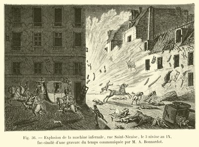 Explosion der Höllenmaschine, Rue Saint-Nicaise, am 3. Nivôse Jahr IX, Faksimile einer zeitgenössischen Gravur, mitgeteilt von M A Bonnardot von French School
