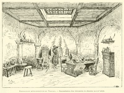 Retrospektive Ausstellung der Arbeit, Rekonstruktion eines Chemielabors aus dem 17. Jahrhundert von French School