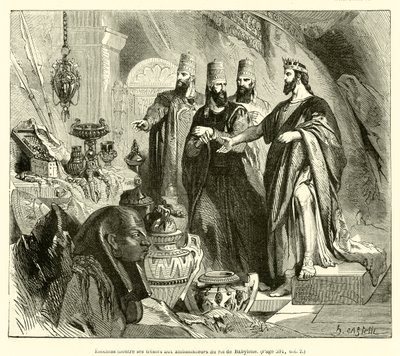Hiskia zeigt den Gesandten des Königs von Babylon seine Schätze von French School