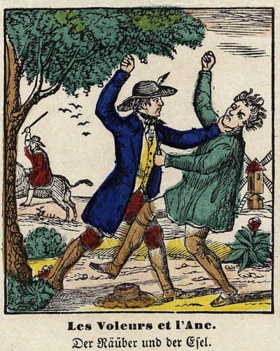 Fabeln von La Fontaine: Die Diebe und der Esel. Bild von Epinal, erste Hälfte des 19. Jahrhunderts von French School