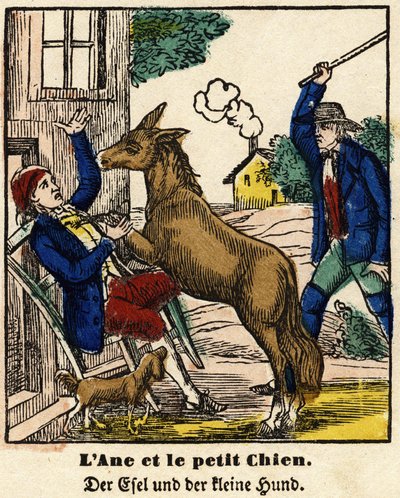 Fabeln von La Fontaine: Der Esel und der kleine Hund. Bild von Epinal, erste Hälfte des 19. Jahrhunderts. von French School