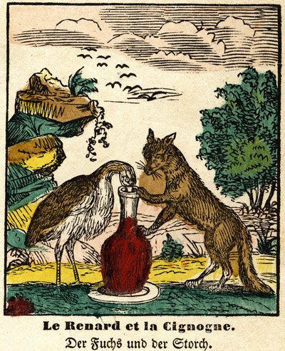 Fabeln von La Fontaine: Der Fuchs und der Storch. Epinal-Bild, erste Hälfte des 19. Jahrhunderts von French School