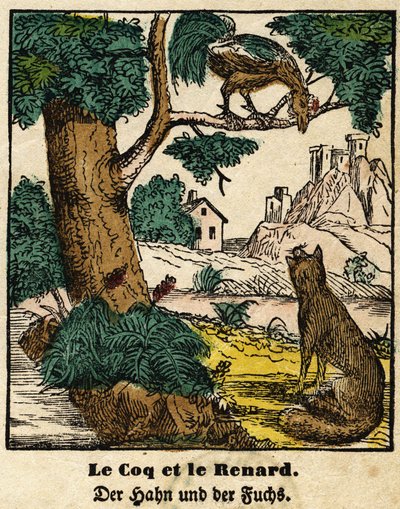 Fabeln von La Fontaine: Der Hahn und der Fuchs. Bild von Epinal, erste Hälfte des 19. Jahrhunderts. von French School
