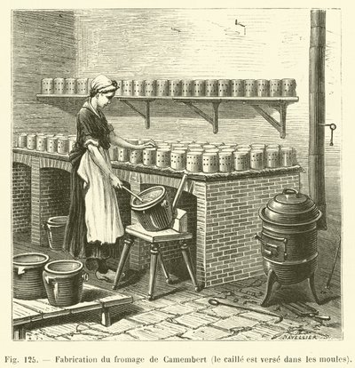 Herstellung von Camembert-Käse, die Quarkmasse wird in die Formen gegossen von French School