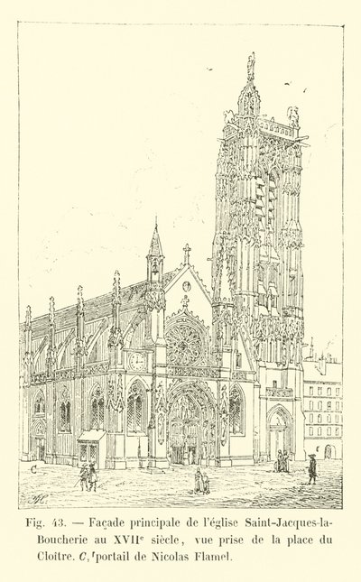 Hauptfassade der Kirche Saint-Jacques-la-Boucherie im 17. Jahrhundert, Ansicht vom Platz des Klosters, Portal von Nicolas Flamel von French School