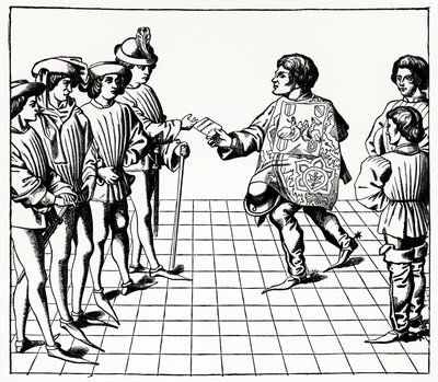 Mode und Manieren des Königs der Waffen, aus den Tournois du roy Rene, geschrieben und graviert von Paul Lacroix, 1878 von French School