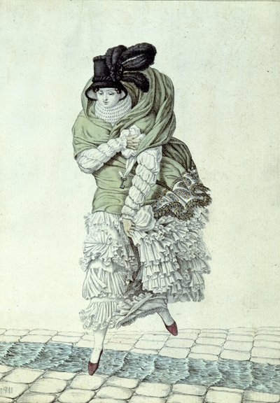 Modeplatte, die eine Dame zeigt, die einen Abwasserstrom überquert, 1811 von French School