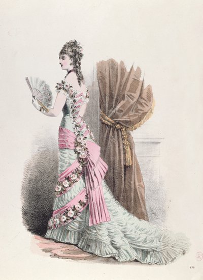 Modeplatte einer Frau im Abendkleid mit Fächer, 1877 (Farbstich) von French School