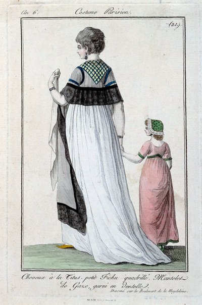 Mode unter dem Direktorium: elegante junge Pariserin mit Titus-Frisur, Gazemantel mit Spitze. 1797. Paris, Kostümmuseum von French School