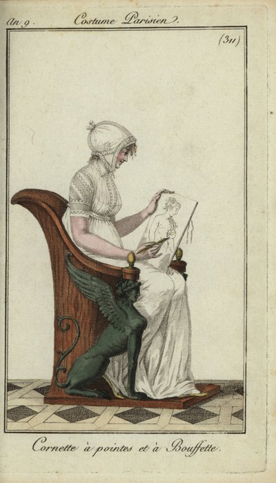 Modische Frau mit Kornett-Hut in einem Kunstkurs von French School