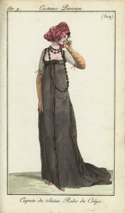 Modische Frau mit Satinbonnet und Kreppkleid von French School