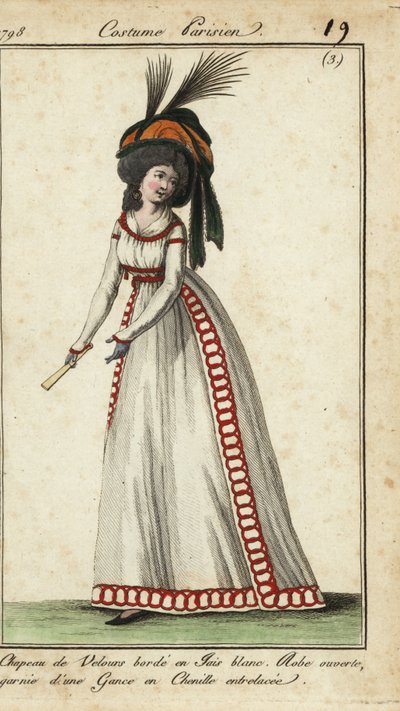 Modische Frau mit Fächer in riesiger Frisur und Hut von French School