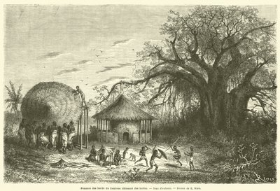 Frauen am Ufer des Sambesi bauen Hütten, Kinderspiele von French School