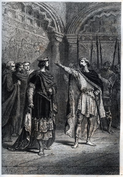 Feudalsystem: „Wer hat dich zum König gemacht?“ : Audebert (Adalbert), Graf von Périgord (968-995), antwortet König Hugues Capet (938-996) frech, der ihn fragte, wer ihn zum Grafen gemacht habe - Gravur aus „Histoire de France“ von Guizot von French School