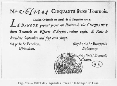 Fünfzig Pfund französischer Banknote der Law Bank, datiert 2. September 1720 von French School