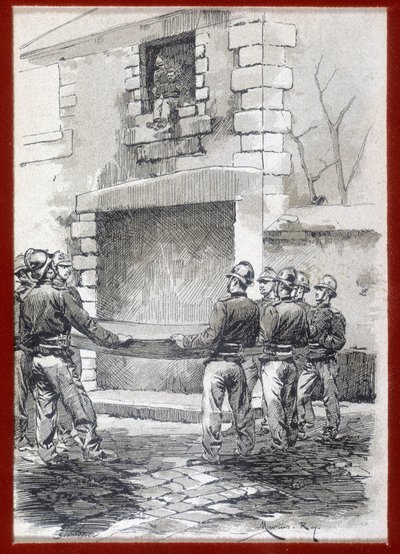 Feuerwehrleute, Die Rettungsdecke, n.d. Anfang des 19. Jahrhunderts von French School